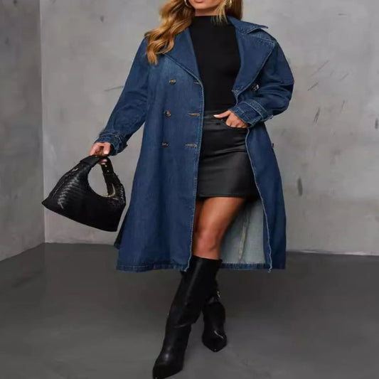Button Up Long Sleeve Longline Denim Jacket for Women- Fashlot 