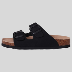 Unisex Leather Cork Footbed Slide Sandals with Adjustable Buckle – Summer Beach Comfort