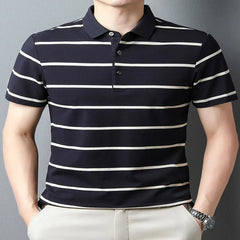 Men's Blue Plus Size Striped Button Short Sleeve Polo - Fashlot
