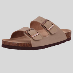 Unisex Leather Cork Footbed Slide Sandals with Adjustable Buckle – Summer Beach Comfort