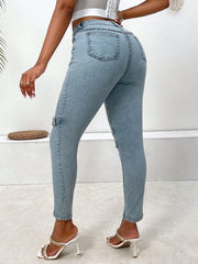 Women’s Decorative Buckle Skinny Jeans with Pockets – Stylish, Comfortable & Practical back- Fashlot