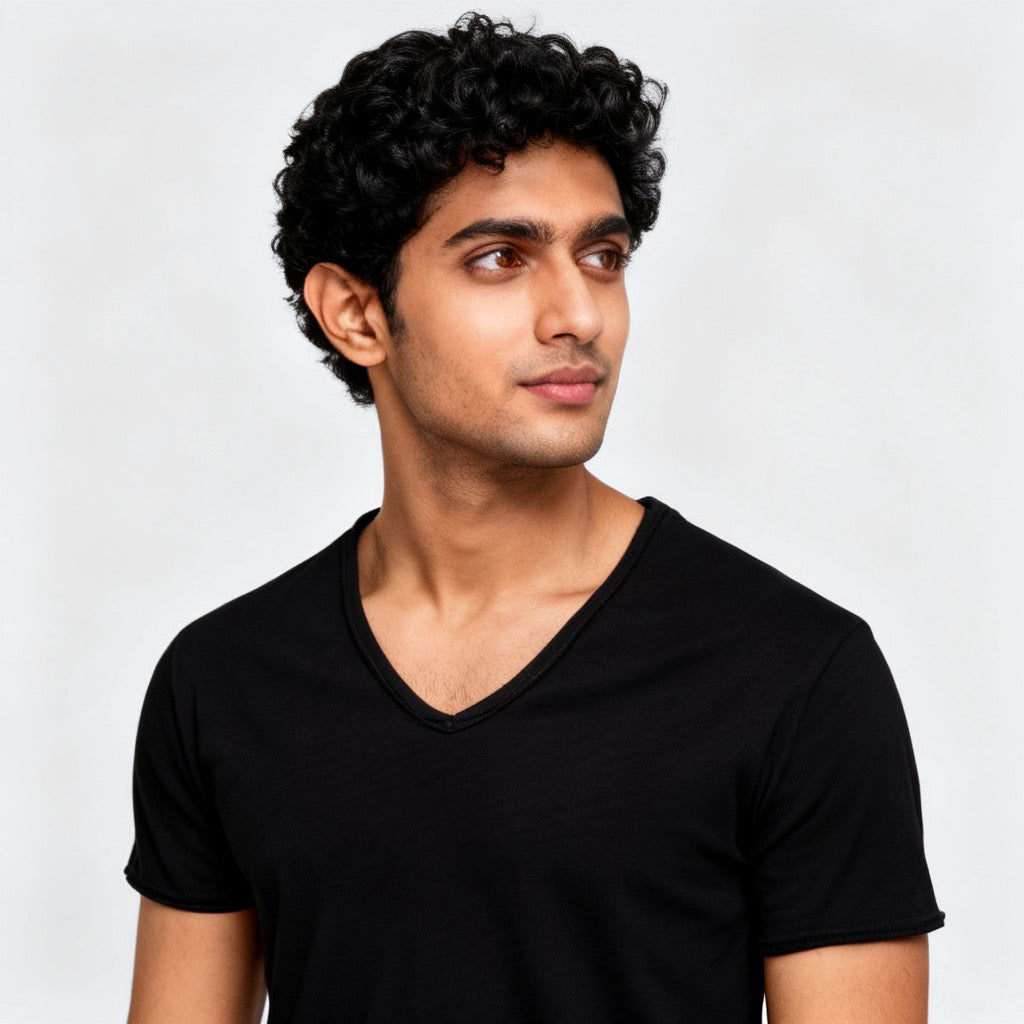 A man with curly black hair wearing a black short-sleeve V-neck t-shirt, photographed against a light gray studio background. - Fashlot