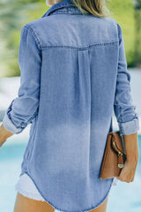 Pocketed Collared Neck Long Sleeve Denim Top for Women- Fashlot