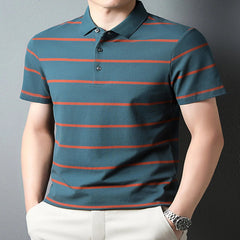 Men's Green Plus Size Striped Button Short Sleeve Polo - Fashlot