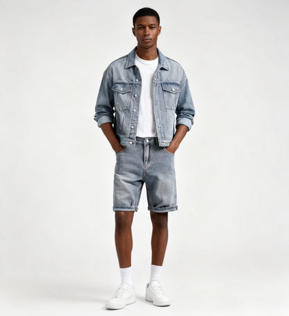 Vintage Wash Herringbone Denim Shorts