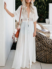 Lace Trim Plunging Maxi Dress Beach Cover Up - Fashlot