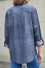 Pocketed Collared Neck Long Sleeve Denim Top for Women- Fashlot