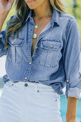 Pocketed Collared Neck Long Sleeve Denim Top for Women- Fashlot