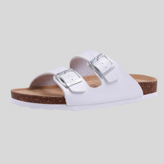 Unisex Leather Cork Footbed Slide Sandals with Adjustable Buckle – Summer Beach Comfort