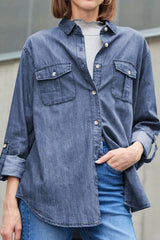 Pocketed Collared Neck Long Sleeve Denim Top for Women- Fashlot