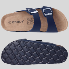 Unisex Leather Cork Footbed Slide Sandals with Adjustable Buckle – Summer Beach Comfort