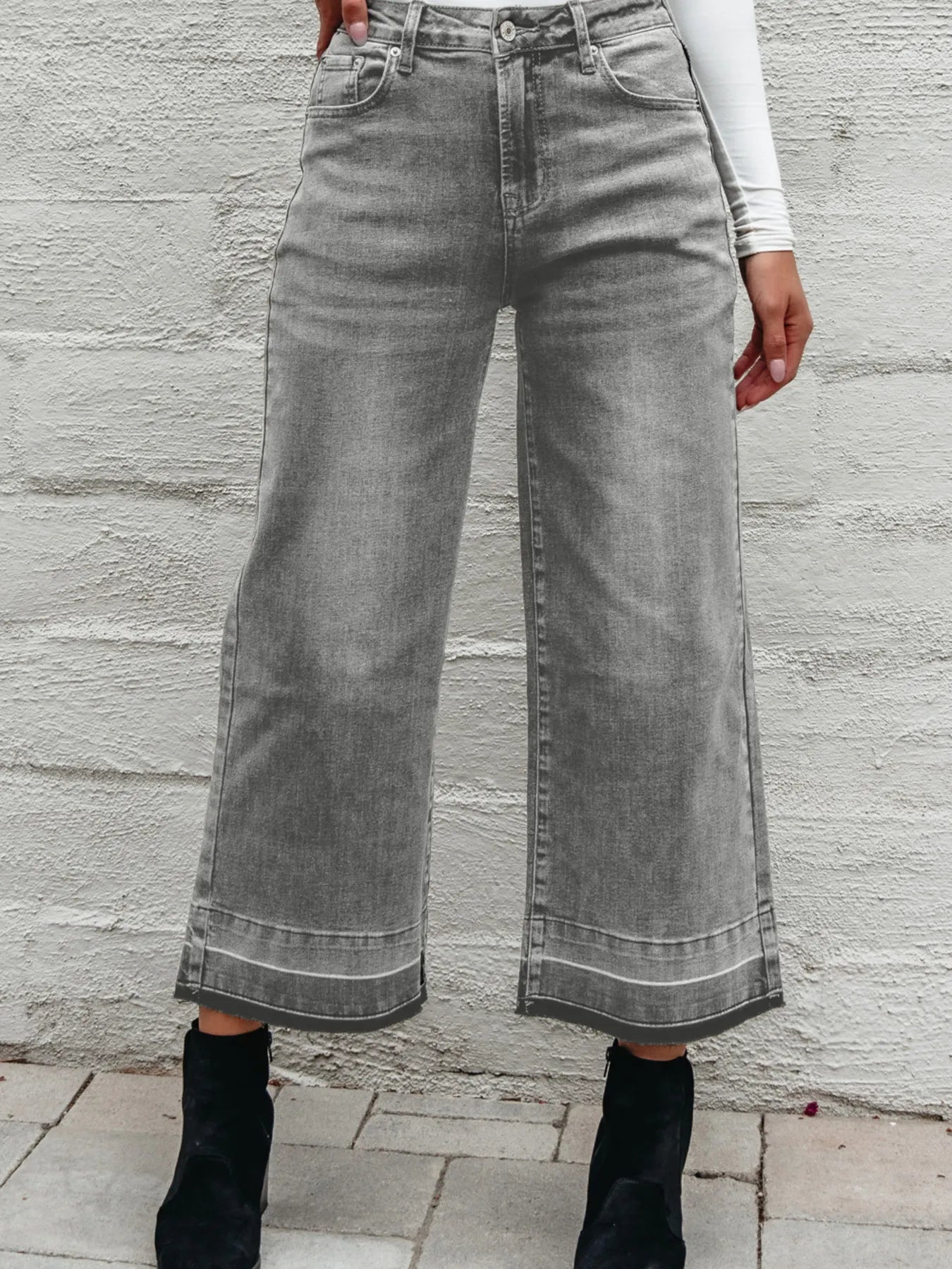 High Waist Wide Leg Washed Jeans – Effortless Comfort & Timeless Style Gray Front - Fashlot