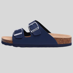 Unisex Leather Cork Footbed Slide Sandals with Adjustable Buckle – Summer Beach Comfort