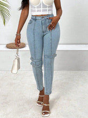 Women’s Decorative Buckle Skinny Jeans with Pockets front– Stylish, Comfortable & Practical - Fashlot