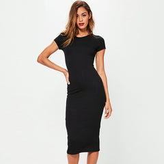 Women’s Casual Midi Cotton Dress – Short Sleeve, O-Neck, Slim Fit Summer Style - Fashlot