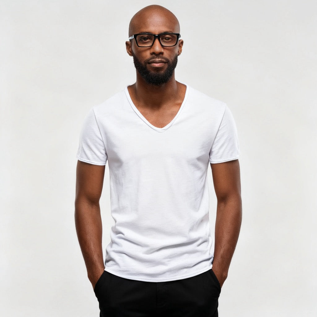 A man wearing a plain white short-sleeve V-neck t-shirt and black pants, standing against a light gray studio background. - Fashlot