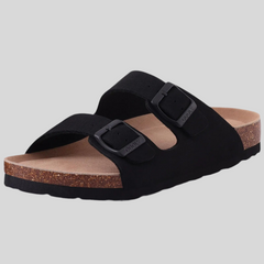 Unisex Leather Cork Footbed Slide Sandals with Adjustable Buckle – Summer Beach Comfort