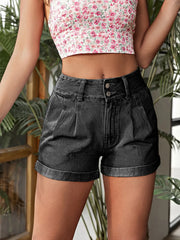 Pleated Detail High Rise Denim Shorts - Fashlot