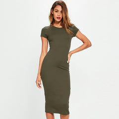 Women’s Casual Midi Cotton Dress – Short Sleeve, O-Neck, Slim Fit Summer Style - Fashlot