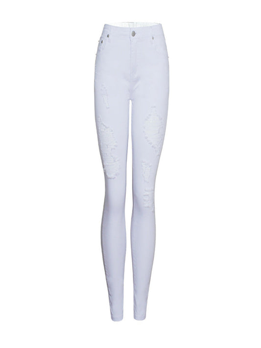 Women’s Popular Slim Solid White Color Ripped Pencil Pants High Waist – Trendy, Comfortable & Versatile - Fashlot