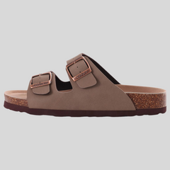 Unisex Leather Cork Footbed Slide Sandals with Adjustable Buckle – Summer Beach Comfort