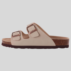 Unisex Leather Cork Footbed Slide Sandals with Adjustable Buckle – Summer Beach Comfort