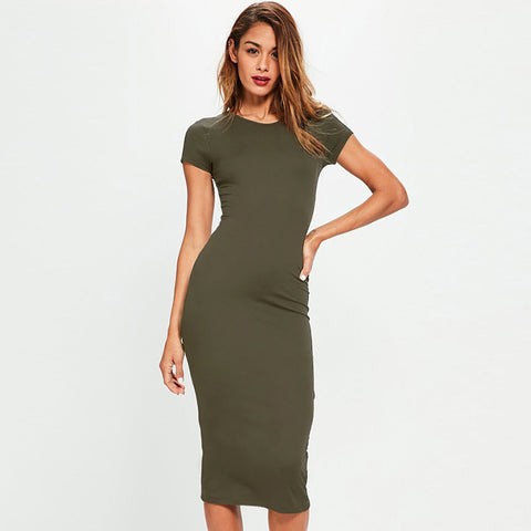 Women’s Casual Midi Cotton Dress – Short Sleeve, O-Neck, Slim Fit Summer Style - Fashlot