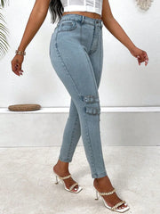 Women’s Decorative Buckle Skinny Jeans with Pockets – Stylish, Comfortable & Practical right side- Fashlot