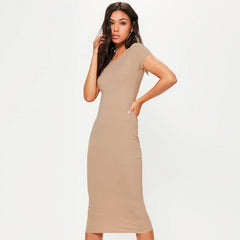 Women’s Casual Midi Cotton Dress – Short Sleeve, O-Neck, Slim Fit Summer Style - Fashlot