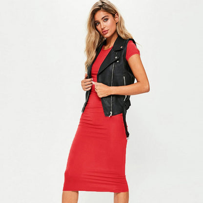 Women’s Casual Midi Cotton Dress – Short Sleeve, O-Neck, Slim Fit Summer Style - Fashlot