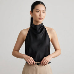 woman wearing a black cowl neck satin halter top - Fashlot