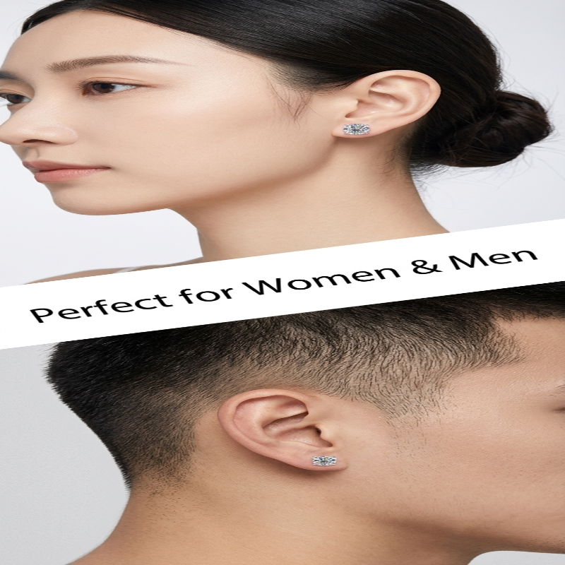 A close-up promotional image showing a woman and a man wearing small stud earrings. The top half shows a woman in profile wearing a silver-toned stud earring, and the bottom half shows a man's ear wearing a matching small earring. - Fashlot