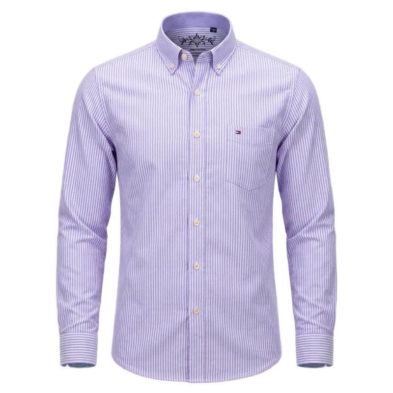 A men's long-sleeve button-down shirt with light purple and white vertical stripes, featuring a classic collar, button-up front, and a small embroidered chest logo on a light gray background. - Fashlot 
