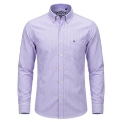 A men's long-sleeve button-down shirt with light purple and white vertical stripes, featuring a classic collar, button-up front, and a small embroidered chest logo on a light gray background. - Fashlot 