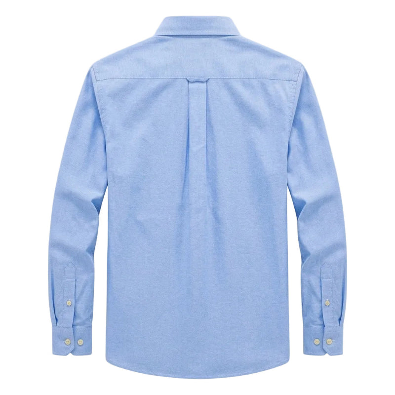 A light blue long-sleeve button-down shirt shown from the back, featuring a central pleat and buttoned cuffs, displayed on a light gray background. - Fashlot 