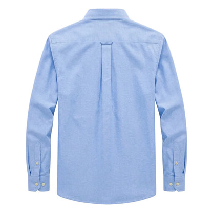 A light blue long-sleeve button-down shirt shown from the back, featuring a central pleat and buttoned cuffs, displayed on a light gray background. - Fashlot 