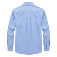 A light blue long-sleeve button-down shirt shown from the back, featuring a central pleat and buttoned cuffs, displayed on a light gray background. - Fashlot 