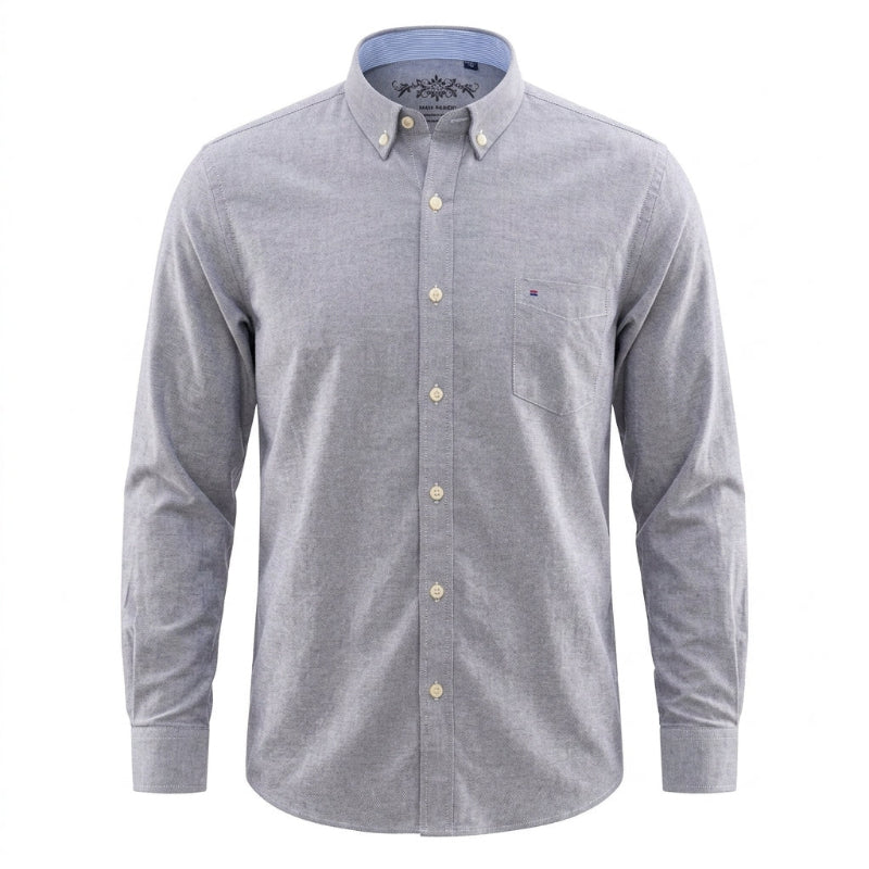 A light gray heather long-sleeve button-down shirt with a chest pocket and light-colored buttons, shown on a plain white background. - Fashlot 