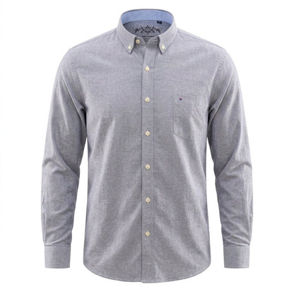 A light gray heather long-sleeve button-down shirt with a chest pocket and light-colored buttons, shown on a plain white background. - Fashlot 