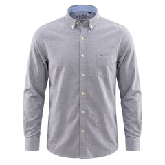 A light gray heather long-sleeve button-down shirt with a chest pocket and light-colored buttons, shown on a plain white background. - Fashlot 