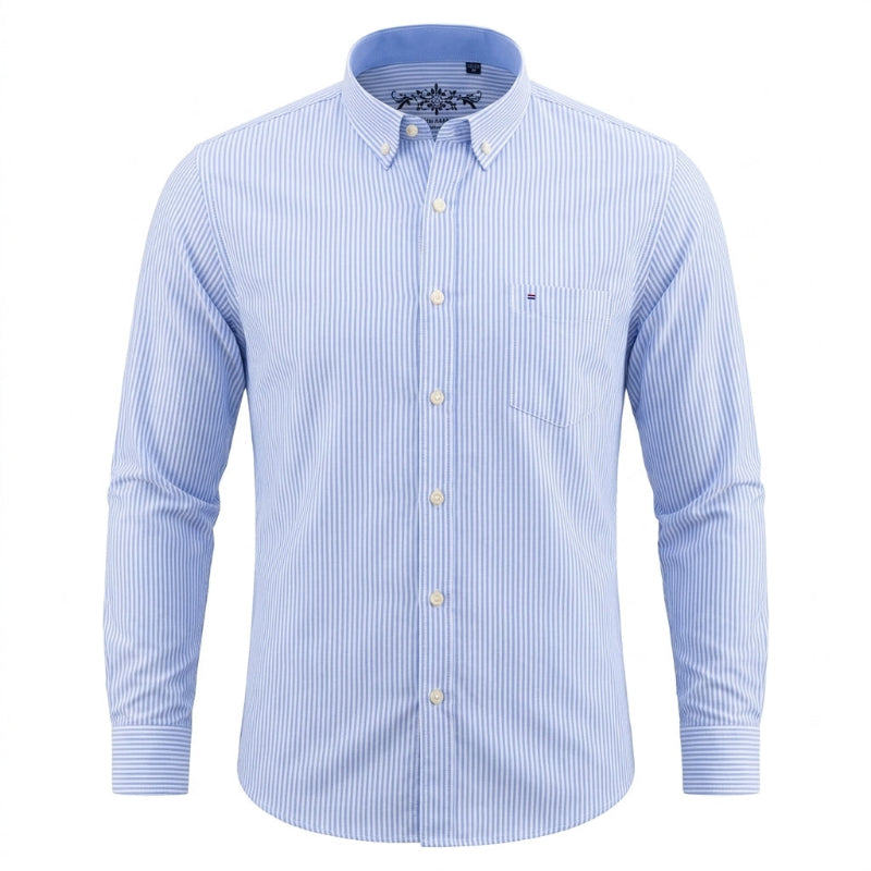 A light blue and white vertically striped long-sleeve button-down shirt with a chest pocket, displayed on a clean white background. - Fashlot 