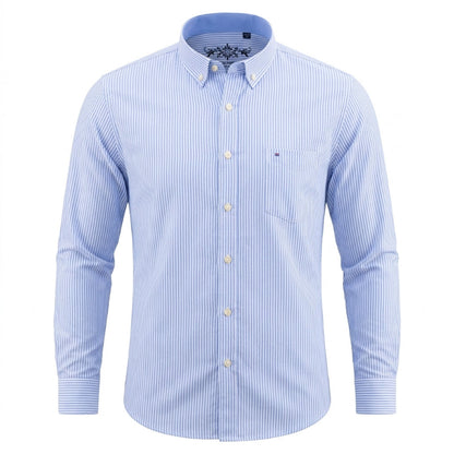 A light blue and white vertically striped long-sleeve button-down shirt with a chest pocket, displayed on a clean white background. - Fashlot 