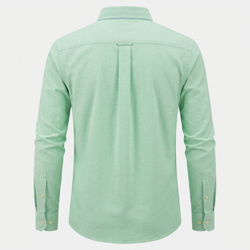 A mint green long-sleeve button-down shirt shown from the back, featuring a subtle vertical pleat down the center back, collar, and buttoned cuffs, displayed on a light gray background. - Fashlot