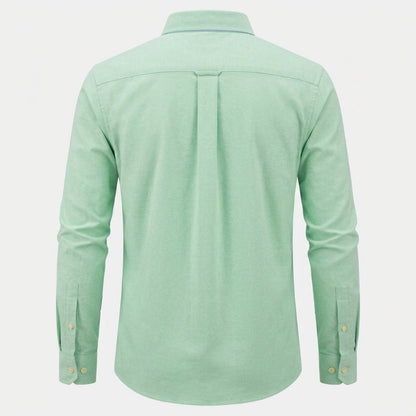 A mint green long-sleeve button-down shirt shown from the back, featuring a subtle vertical pleat down the center back, collar, and buttoned cuffs, displayed on a light gray background. - Fashlot