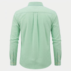 A mint green long-sleeve button-down shirt shown from the back, featuring a subtle vertical pleat down the center back, collar, and buttoned cuffs, displayed on a light gray background. - Fashlot