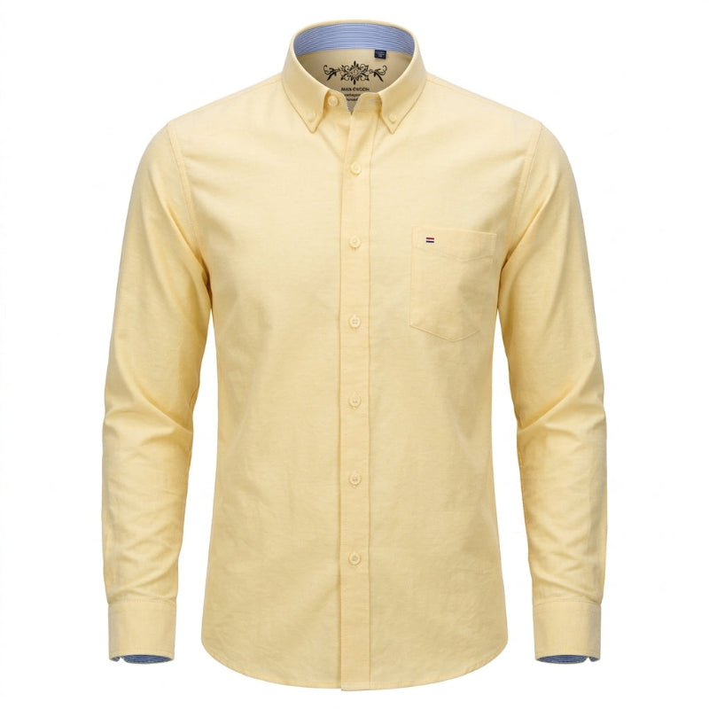 A pale yellow long-sleeve button-down shirt with a chest pocket, shown on a clean white background. - Fashlot 