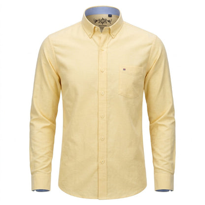 A pale yellow long-sleeve button-down shirt with a chest pocket, shown on a clean white background. - Fashlot 