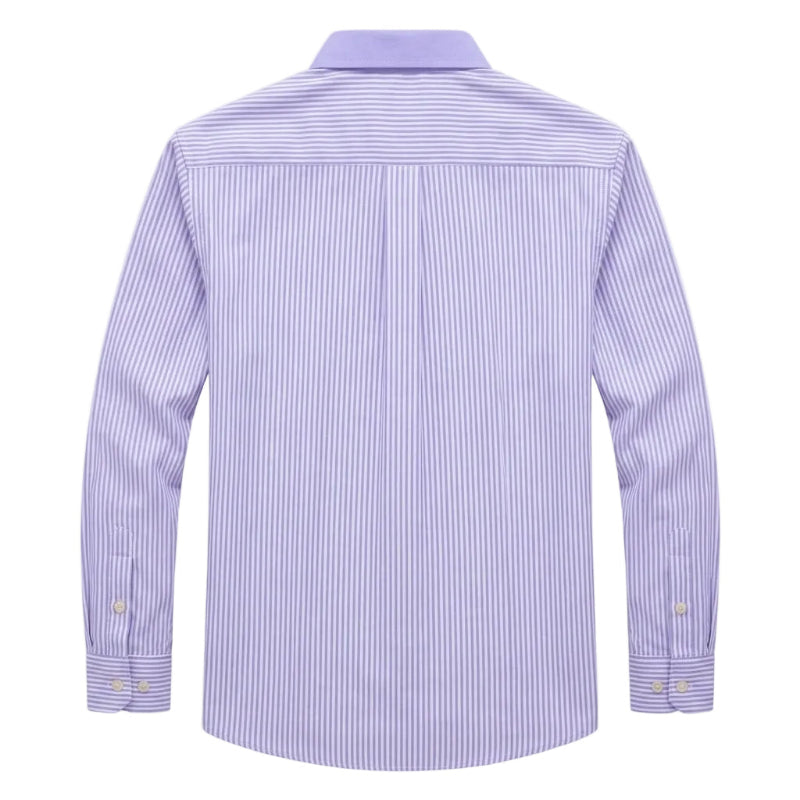 A long-sleeve button-down shirt shown from the back, featuring a light purple and white vertical stripe pattern, on a light gray background. - Fashlot 