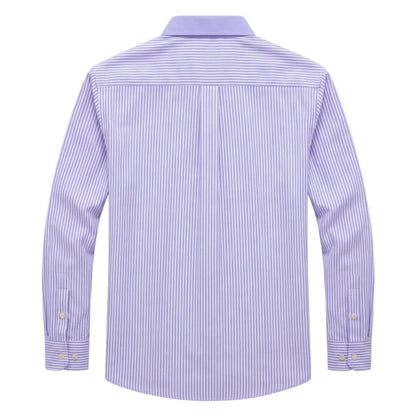 A long-sleeve button-down shirt shown from the back, featuring a light purple and white vertical stripe pattern, on a light gray background. - Fashlot 