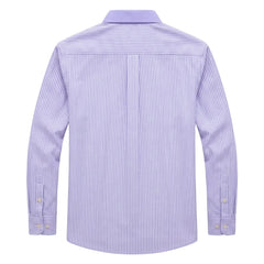 A long-sleeve button-down shirt shown from the back, featuring a light purple and white vertical stripe pattern, on a light gray background. - Fashlot 